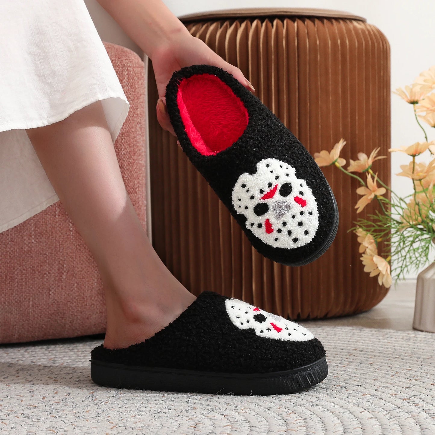 Black Halloween Horror Mask Skull Pattern Plush Thick-Soled Comfortable Slippers
