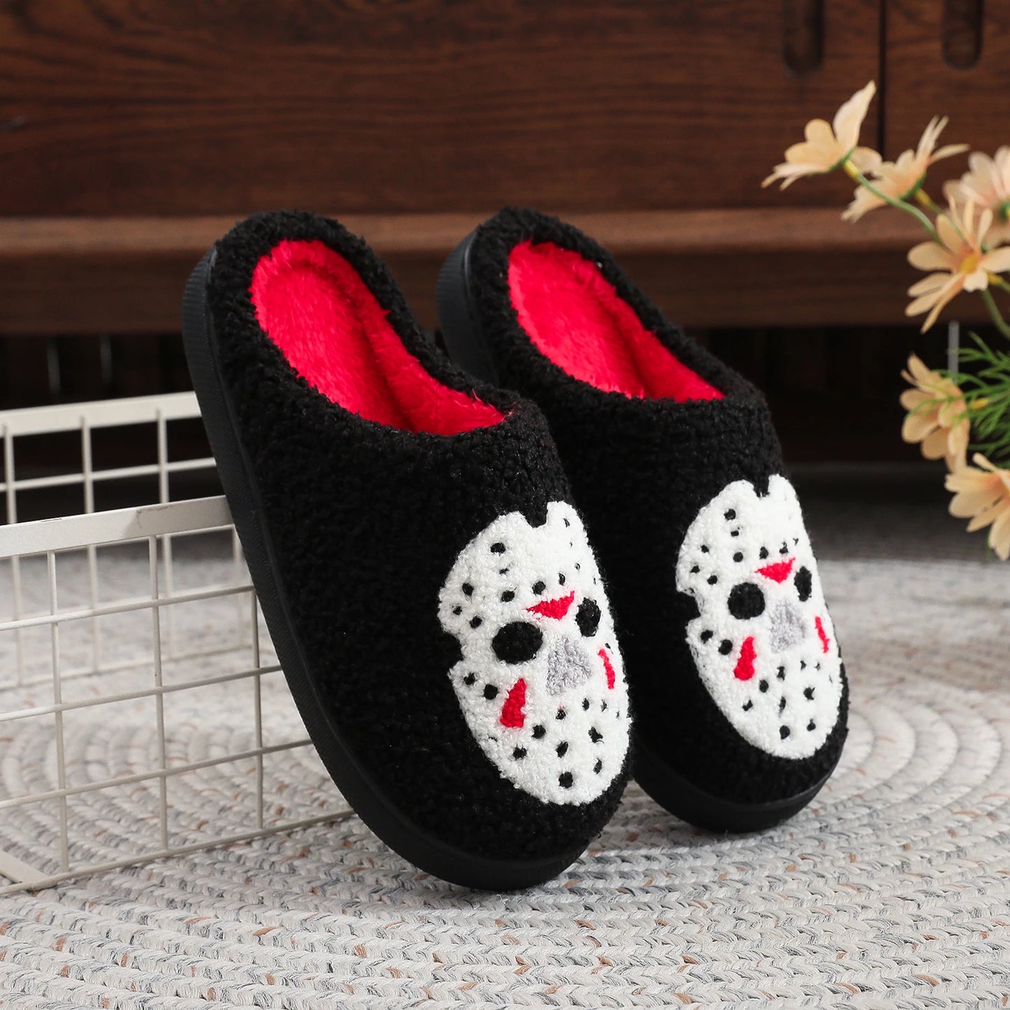 Black Halloween Horror Mask Skull Pattern Plush Thick-Soled Comfortable Slippers