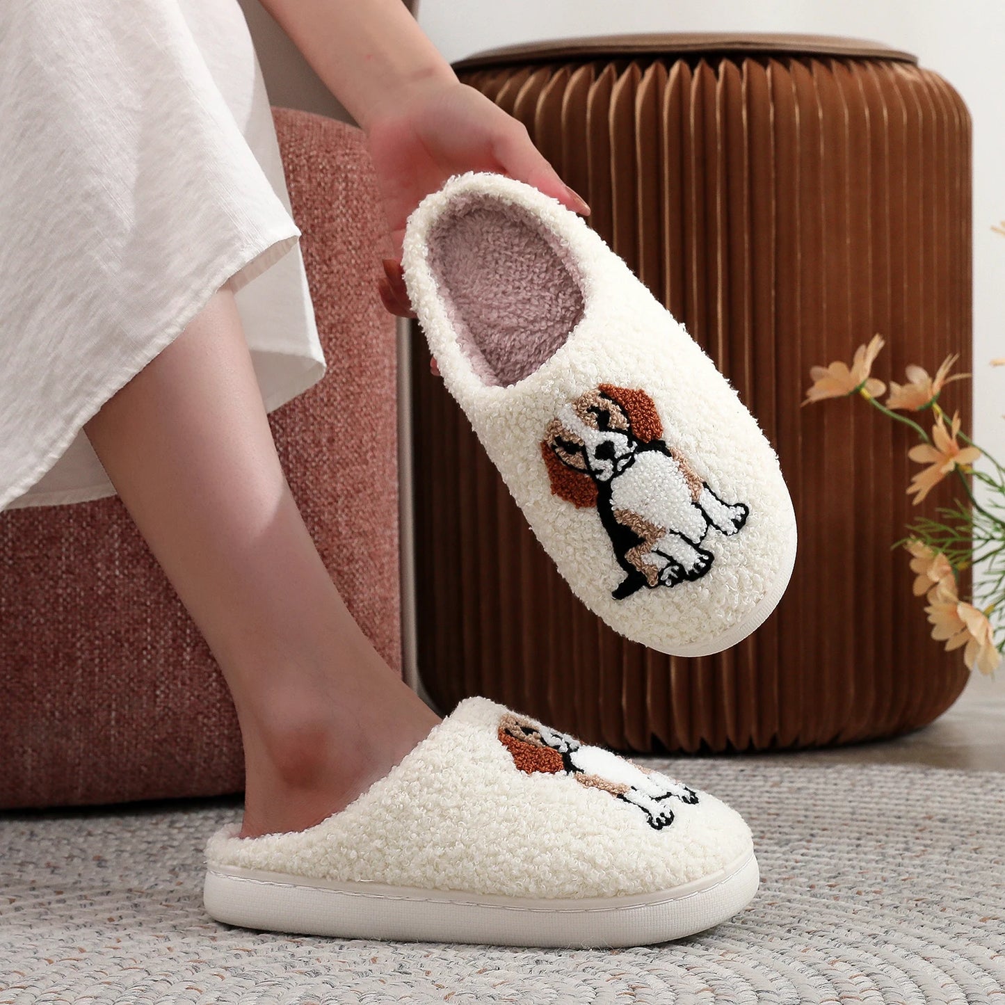 Black Halloween Horror Mask Skull Pattern Plush Thick-Soled Comfortable Slippers