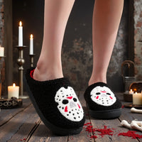 Black Halloween Horror Mask Skull Pattern Plush Thick-Soled Comfortable Slippers