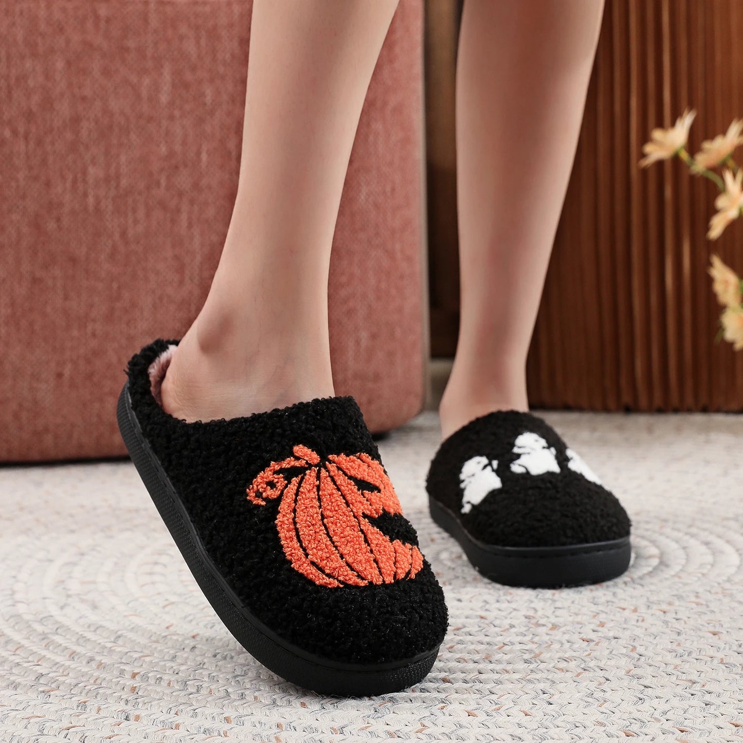 Black Halloween Horror Pumpkin Ghost Pattern Thick-Soled Comfortable Slippers