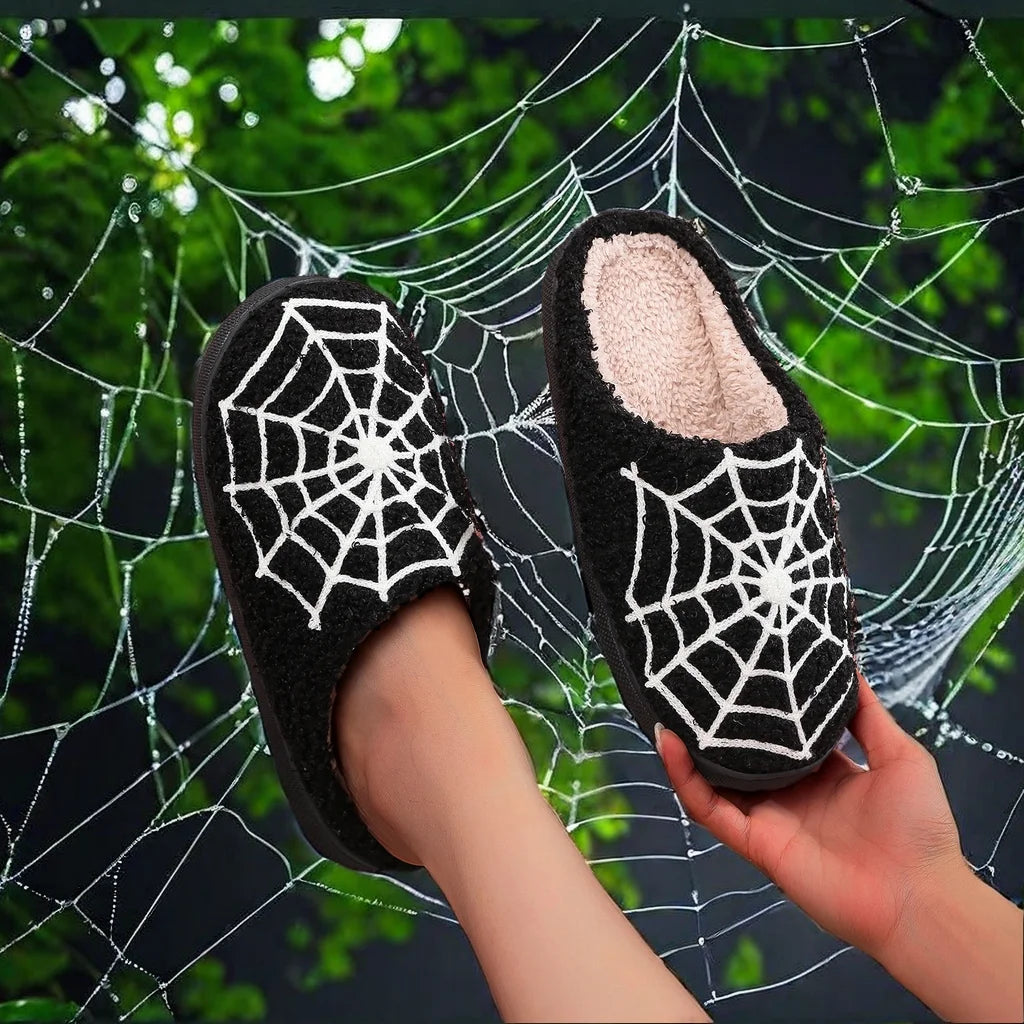 Halloween Spider Web Pattern Horror Fashion Embroidered Thick-Soled Comfortable Woolen Cotton Slippers