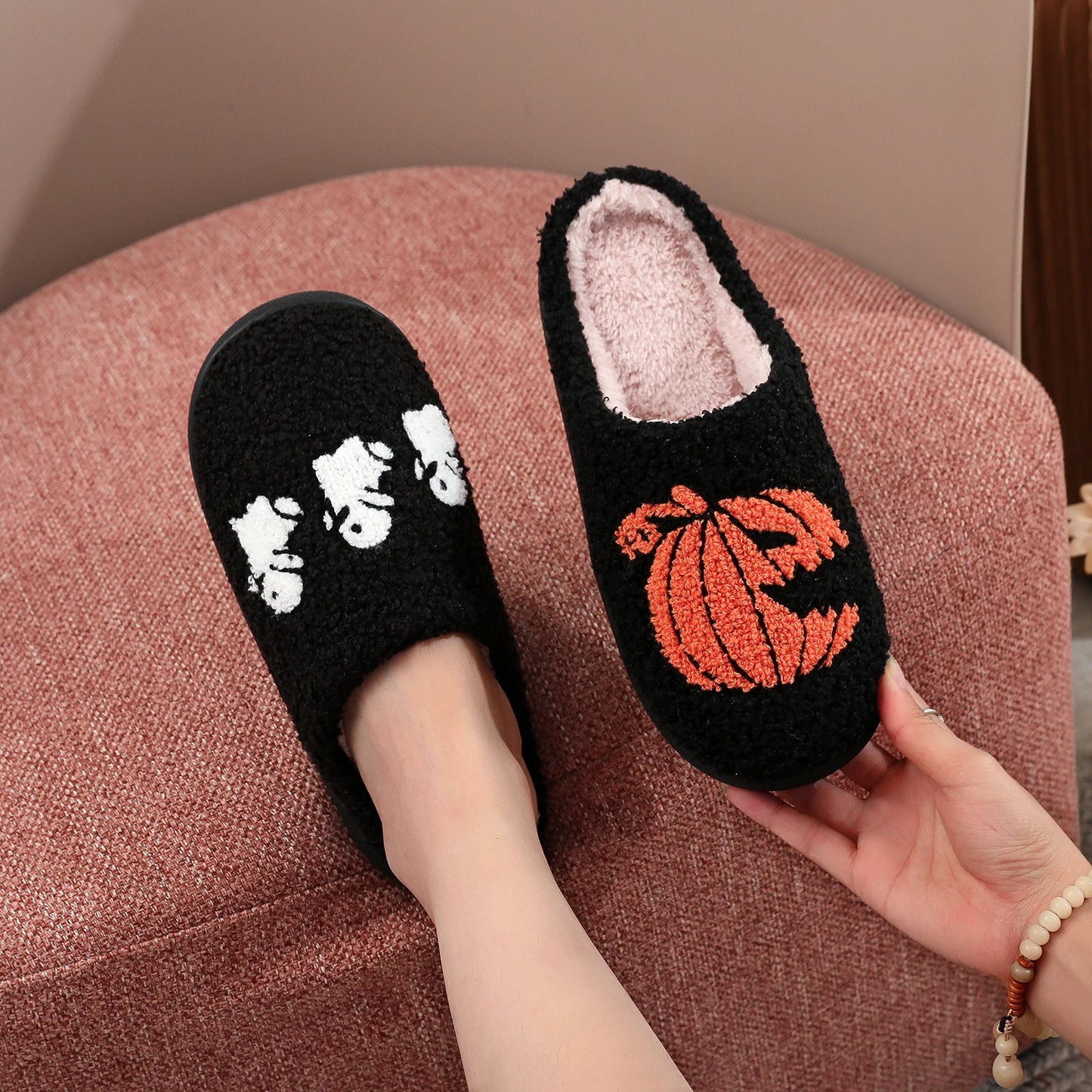 Black Halloween Horror Pumpkin Ghost Pattern Thick-Soled Comfortable Slippers