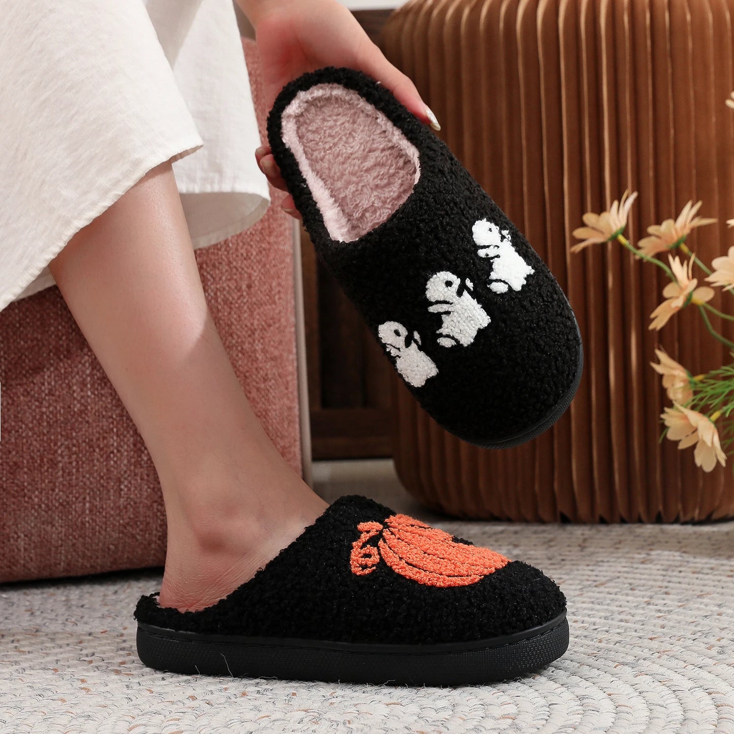 Black Halloween Horror Pumpkin Ghost Pattern Thick-Soled Comfortable Slippers