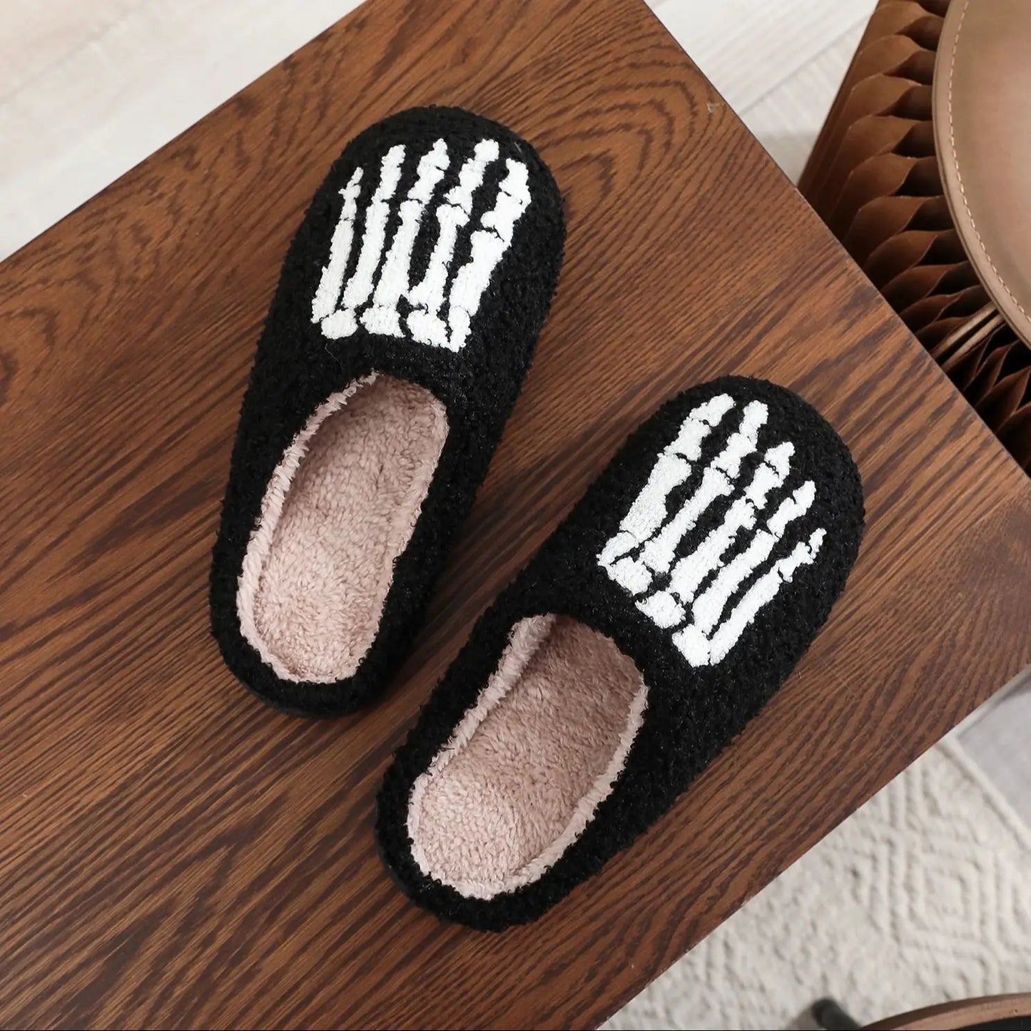 Skull Toe Embroidery stuffed Home Platform Cozy Fur Cotton Slippers
