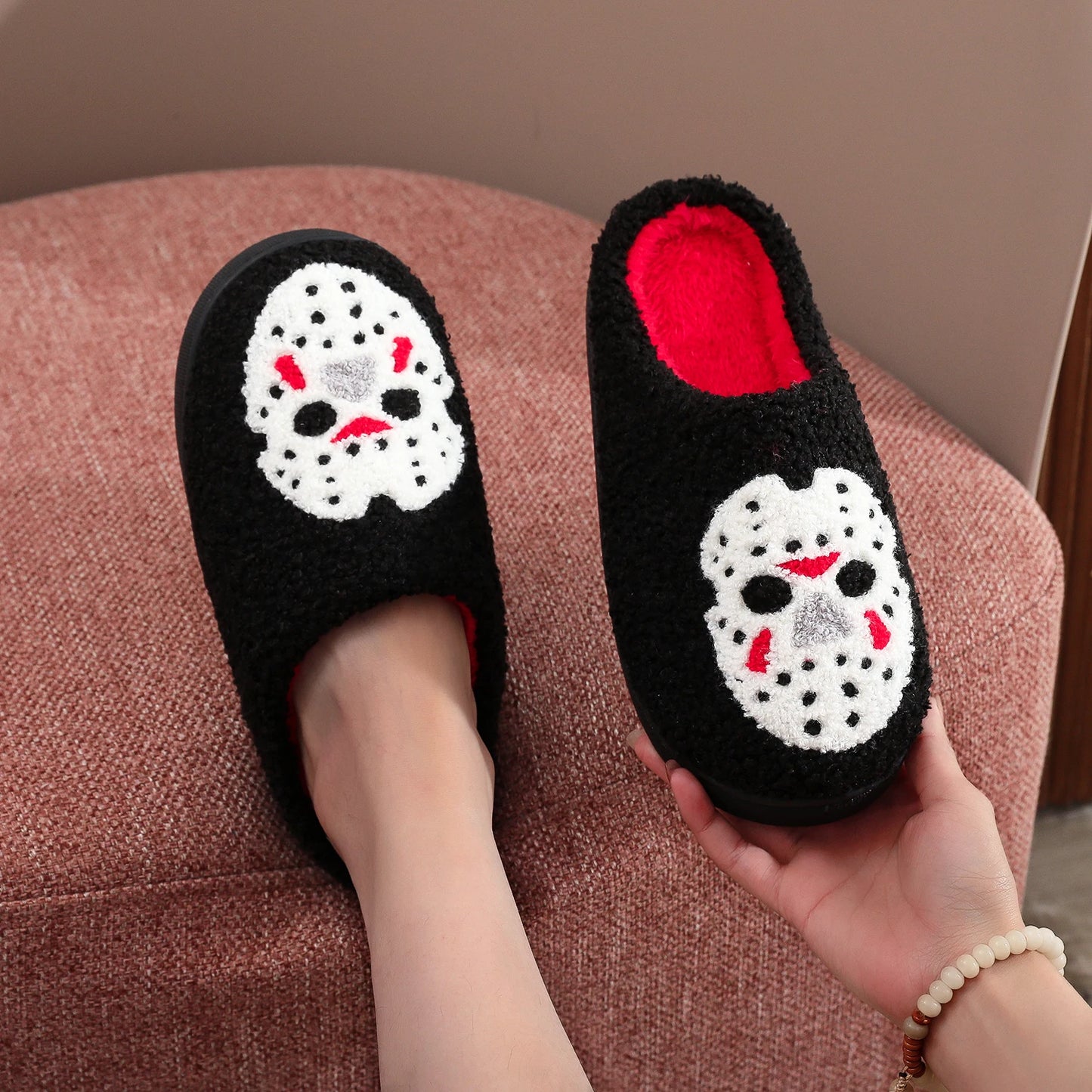 Black Halloween Horror Mask Skull Pattern Plush Thick-Soled Comfortable Slippers