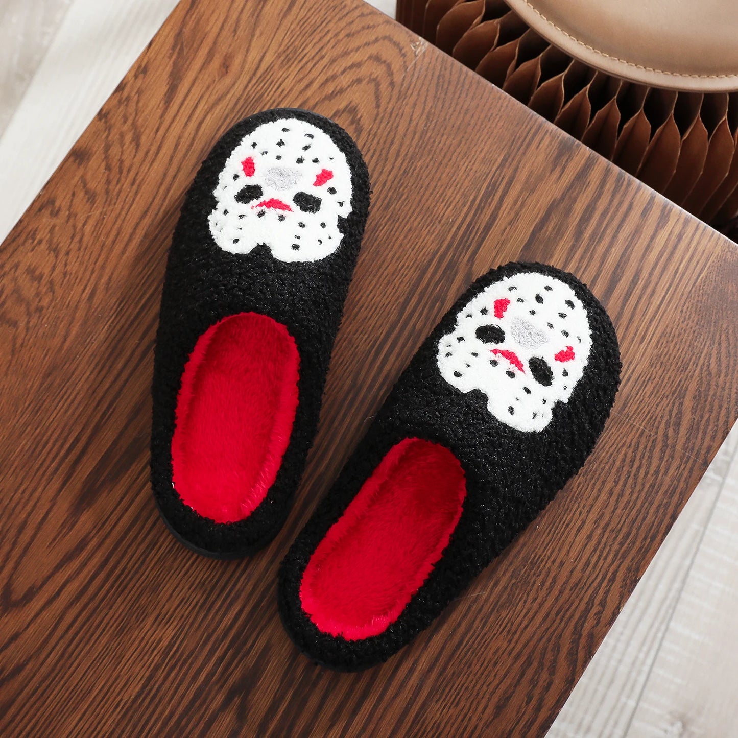 Black Halloween Horror Mask Skull Pattern Plush Thick-Soled Comfortable Slippers