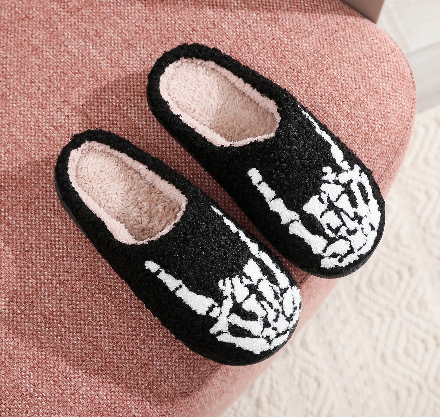Skull Toe Embroidery stuffed Home Platform Cozy Fur Cotton Slippers
