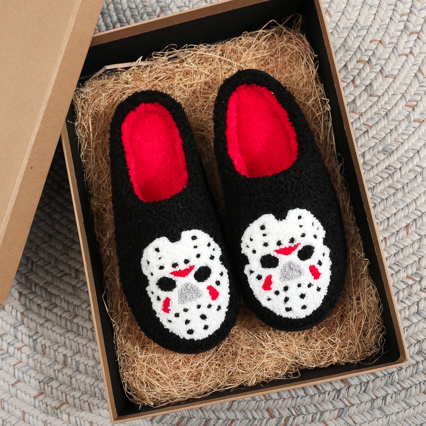 Black Halloween Horror Mask Skull Pattern Plush Thick-Soled Comfortable Slippers