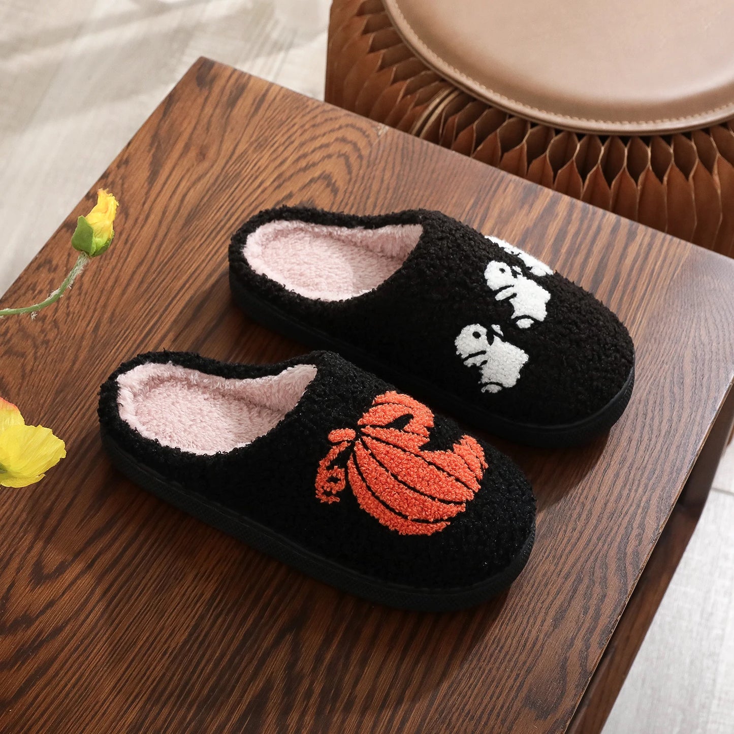 Black Halloween Horror Pumpkin Ghost Pattern Thick-Soled Comfortable Slippers