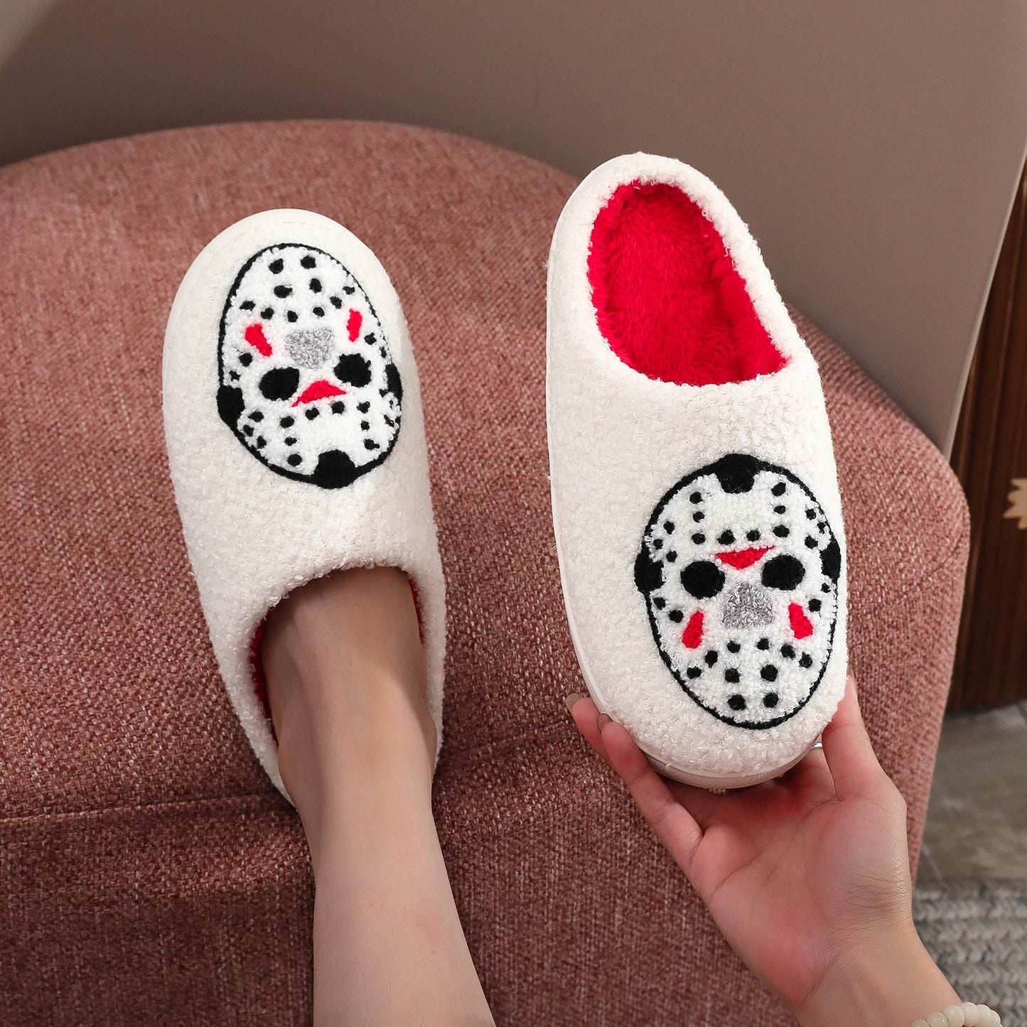 White Halloween Horror Mask Pattern Embroider Thick-Soled Comfortable Fur Slippers