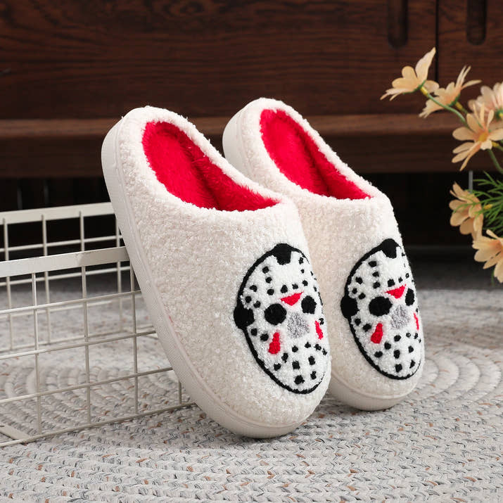 White Halloween Horror Mask Pattern Embroider Thick-Soled Comfortable Fur Slippers