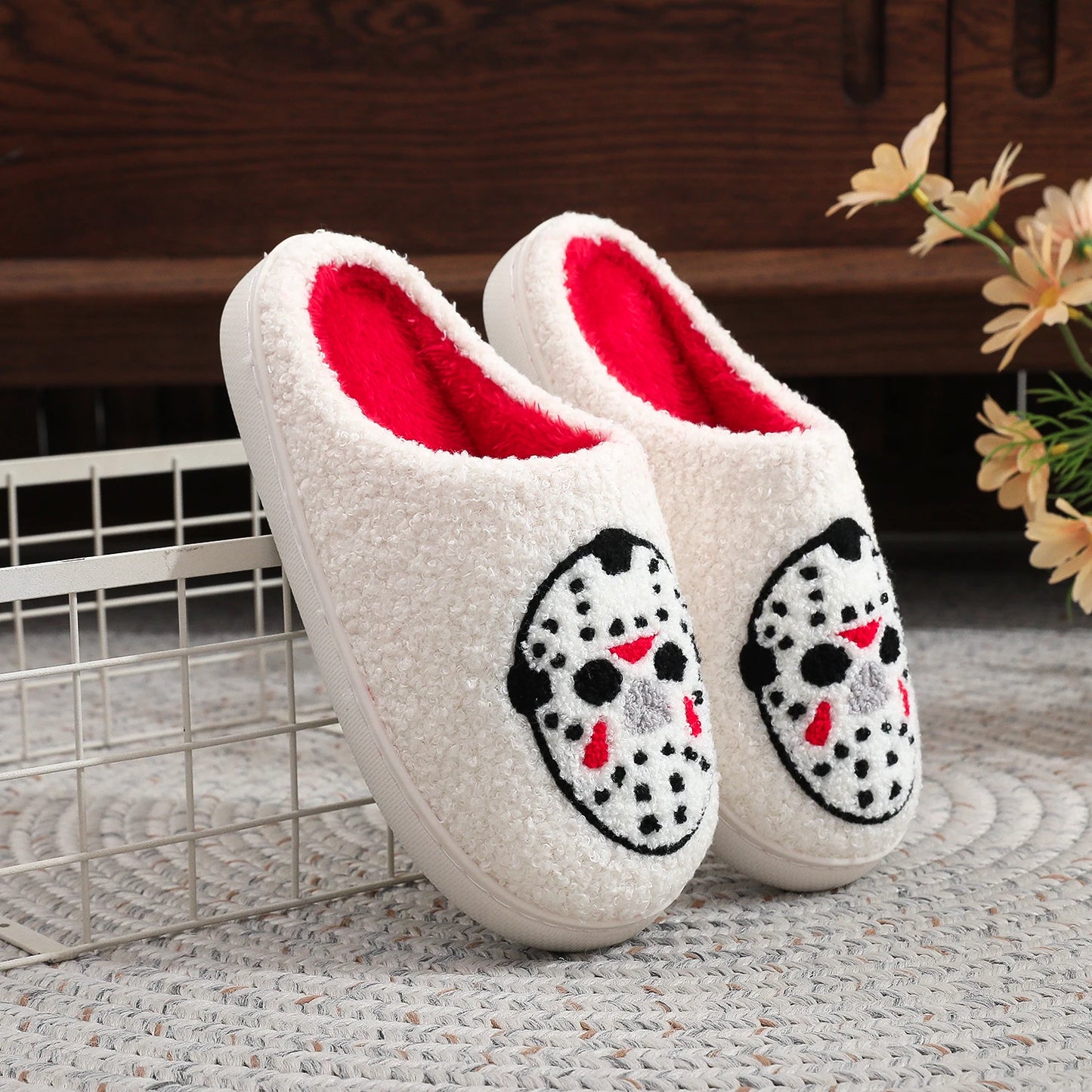 White Halloween Horror Mask Pattern Embroider Thick-Soled Comfortable Fur Slippers