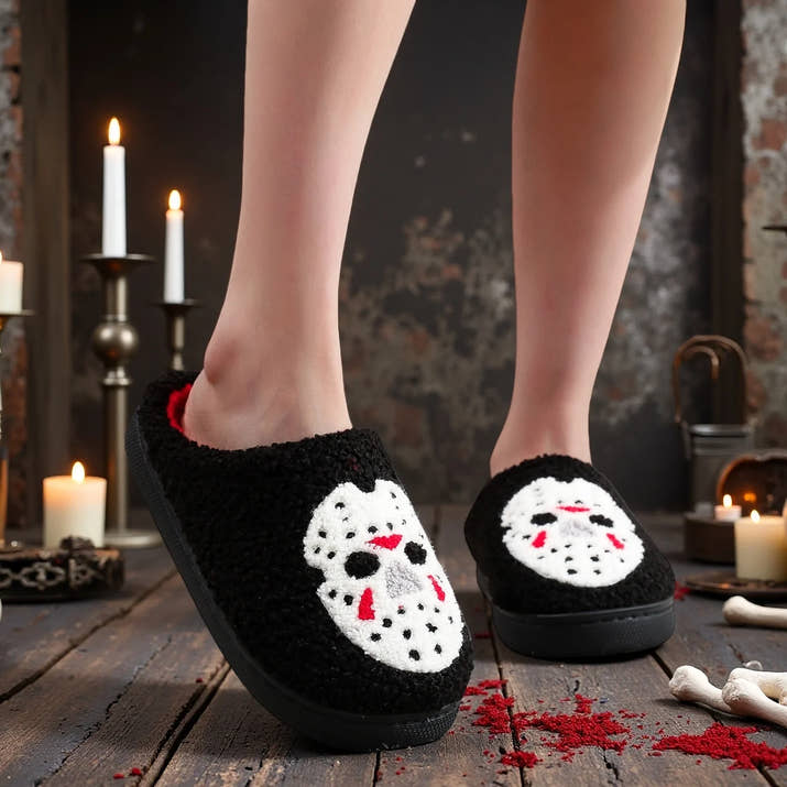 Black Halloween Horror Mask Skull Pattern Plush Thick-Soled Comfortable Slippers