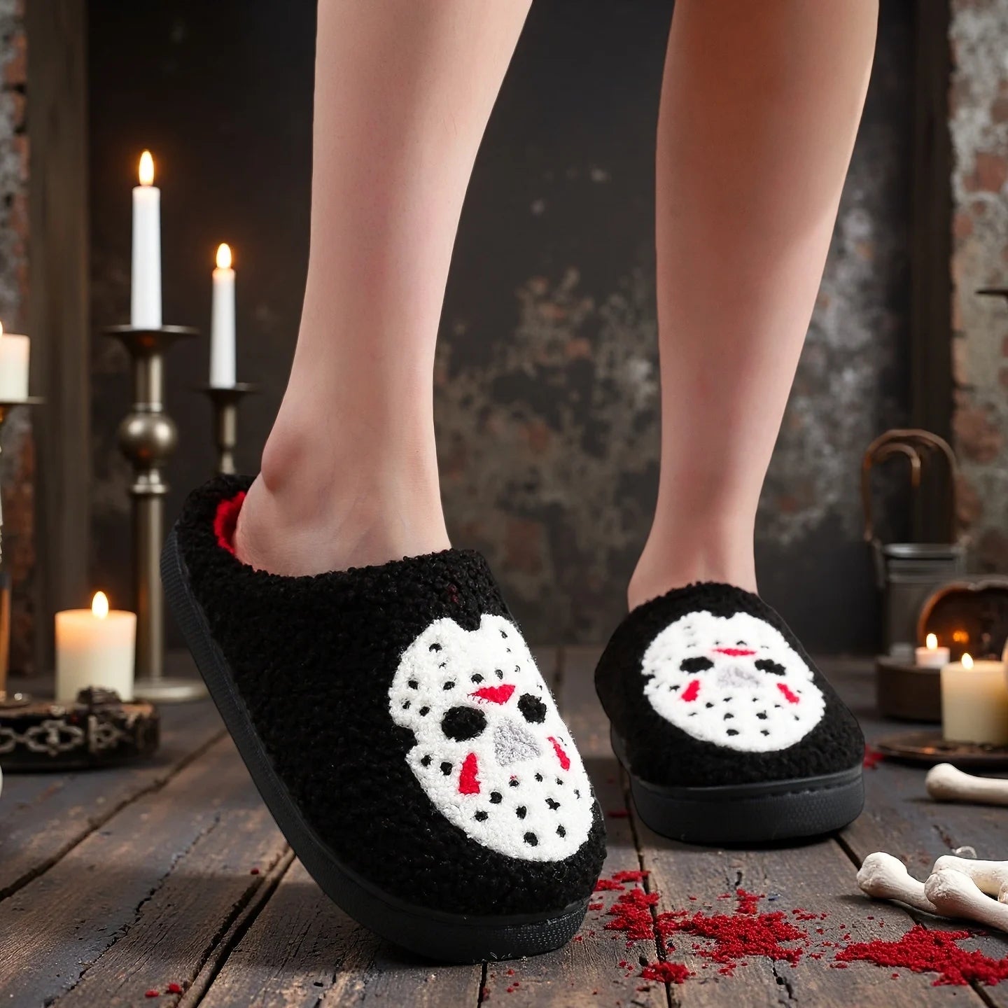 Black Halloween Horror Mask Skull Pattern Plush Thick-Soled Comfortable Slippers