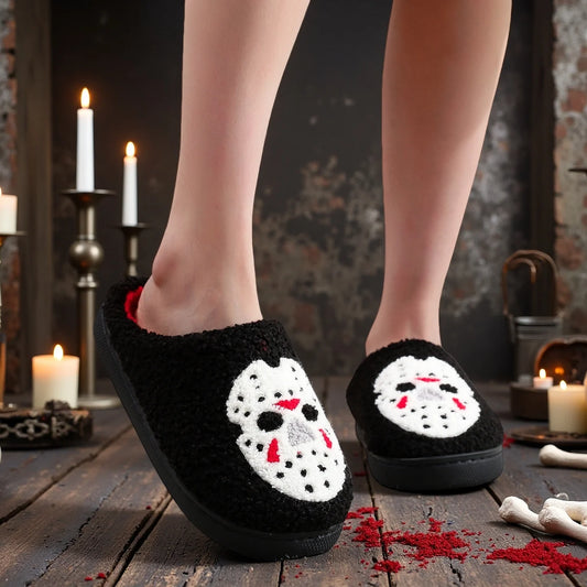 Black Halloween Horror Mask Skull Pattern Plush Thick-Soled Comfortable Slippers