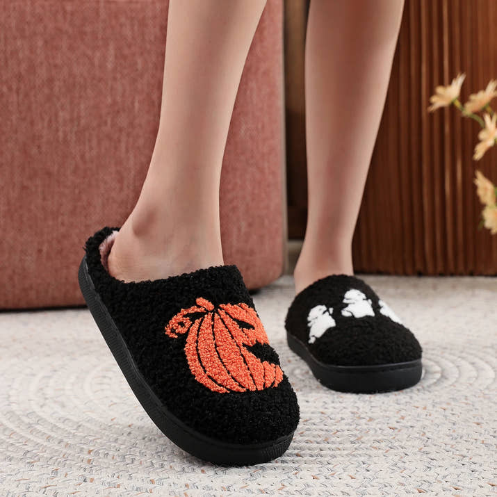 Black Halloween Horror  Pumpkin Ghost Pattern Thick-Soled Comfortable Slippers
