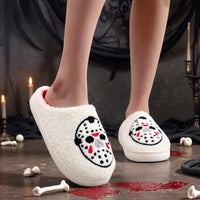White Halloween Horror Mask Pattern Embroider Thick-Soled Comfortable Fur Slippers