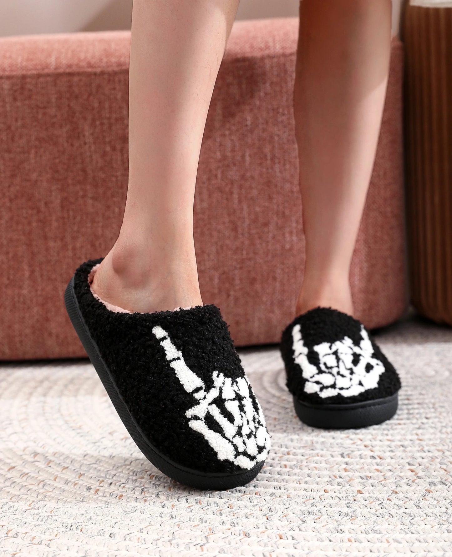 Skull Toe  Embroidery stuffed Home Platform Cozy Fur Cotton Slippers