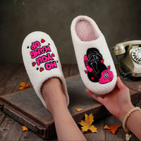 White Halloween Horror Skull Pattern Embroidered Thick-Soled Comfortable Fur Slippers