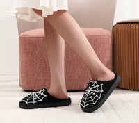 Halloween Spider Web Pattern Horror  Fashion Embroidered Thick-Soled Comfortable Woolen Cotton Slippers