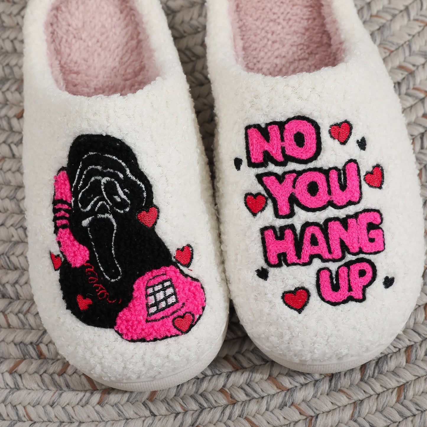 White Halloween Horror Skull Pattern Embroidered Thick-Soled Comfortable Fur Slippers