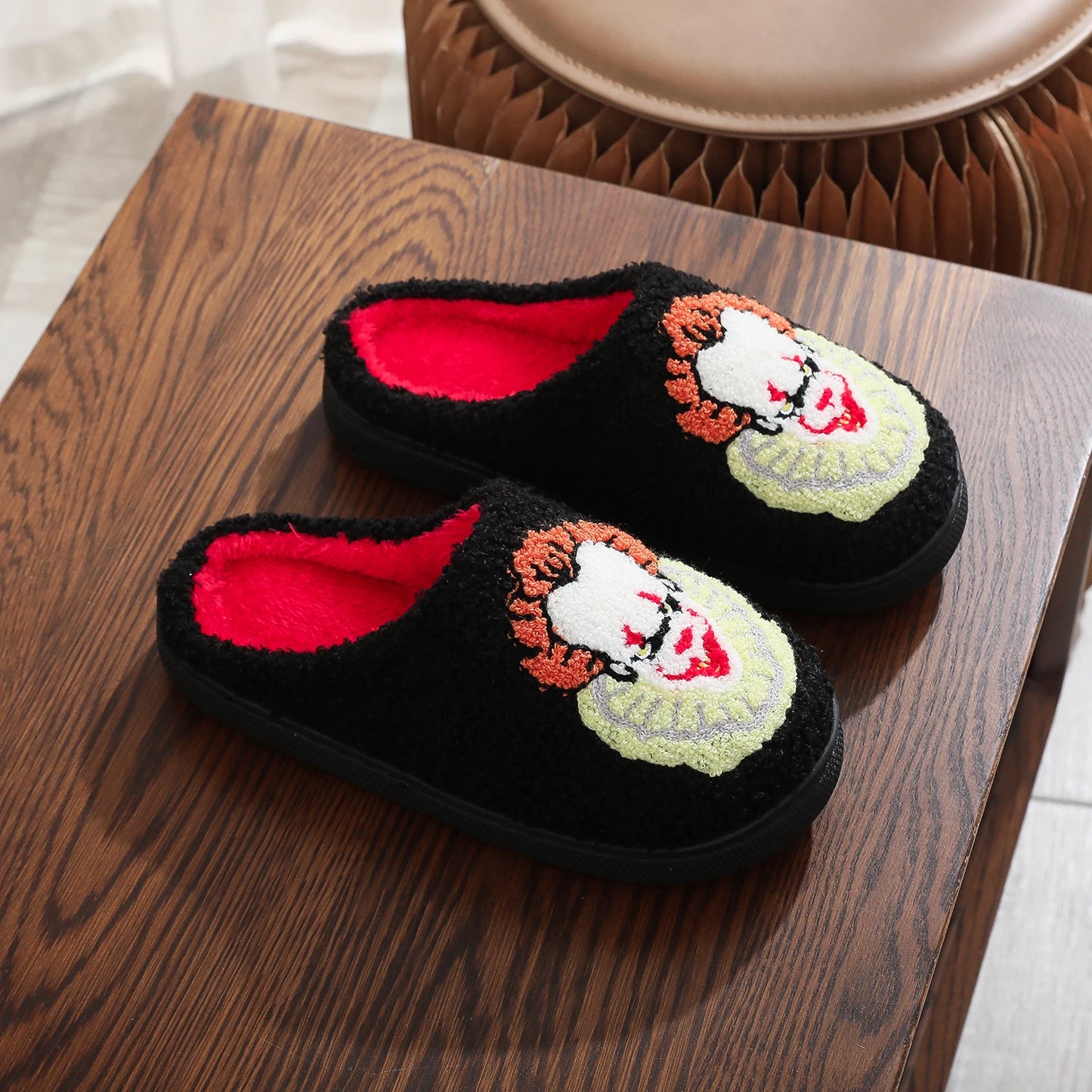 Black Halloween Horror Clown Pattern Embroidered Thick-Soled Comfortable Slippers