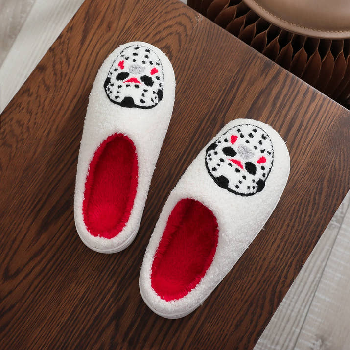 White Halloween Horror Mask Pattern Embroider Thick-Soled Comfortable Fur Slippers