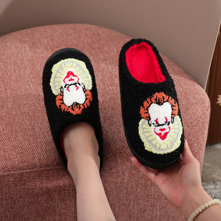 Black Halloween Horror Clown Pattern Embroidered Thick-Soled Comfortable Slippers