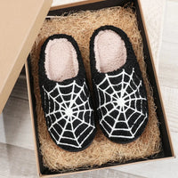 Halloween Spider Web Pattern Horror  Fashion Embroidered Thick-Soled Comfortable Woolen Cotton Slippers
