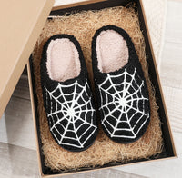 Halloween Spider Web Pattern Horror  Fashion Embroidered Thick-Soled Comfortable Woolen Cotton Slippers