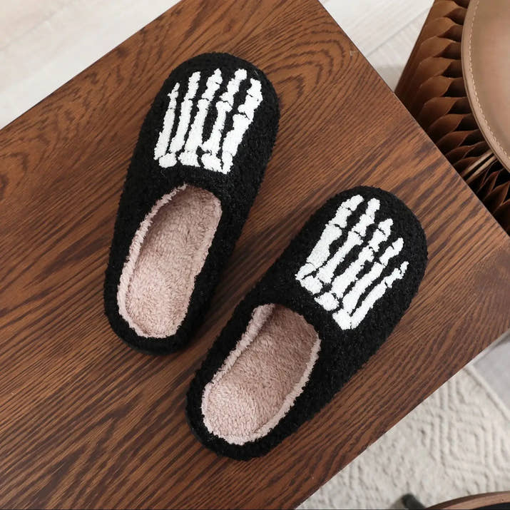 Skull Toe  Embroidery stuffed Home Platform Cozy Fur Cotton Slippers