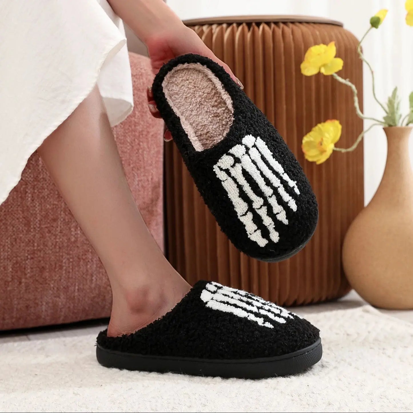 Skull Toe  Embroidery stuffed Home Platform Cozy Fur Cotton Slippers