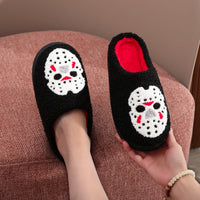 Black Halloween Horror Mask Skull Pattern Plush Thick-Soled Comfortable Slippers