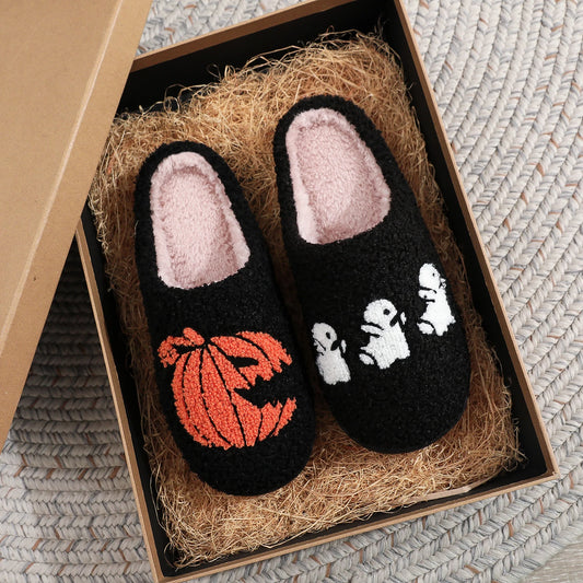 Black Halloween Horror  Pumpkin Ghost Pattern Thick-Soled Comfortable Slippers
