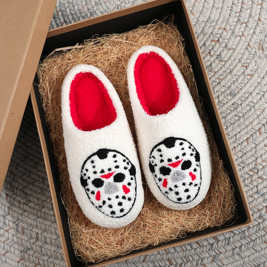 White Halloween Horror Mask Pattern Embroider Thick-Soled Comfortable Fur Slippers