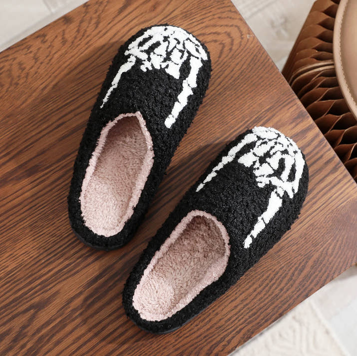 Skull Toe  Embroidery stuffed Home Platform Cozy Fur Cotton Slippers
