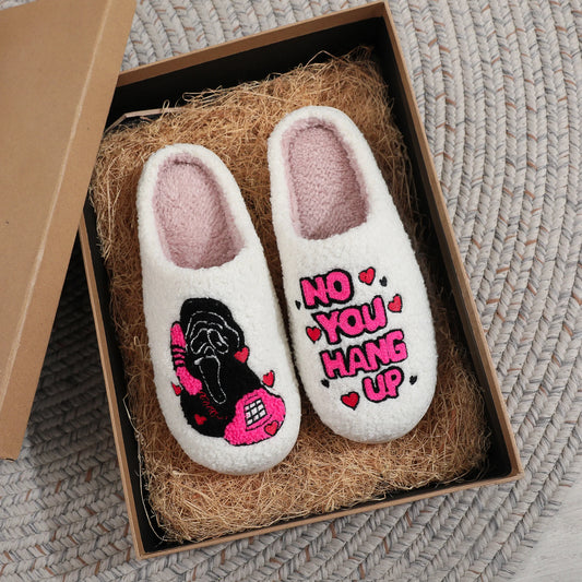 White Halloween Horror Skull Pattern Embroidered Thick-Soled Comfortable Fur Slippers