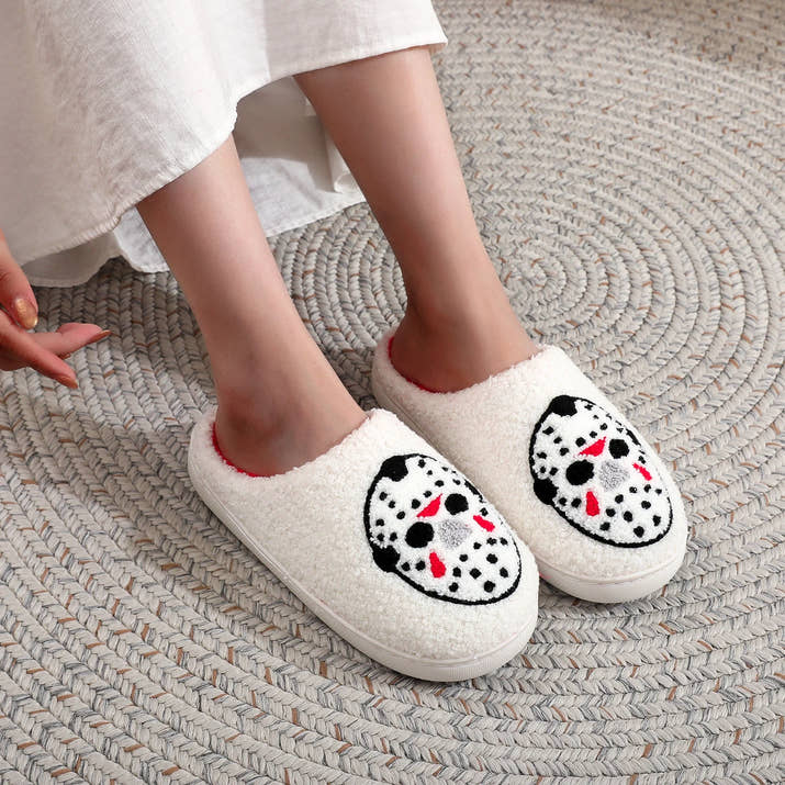 White Halloween Horror Mask Pattern Embroider Thick-Soled Comfortable Fur Slippers
