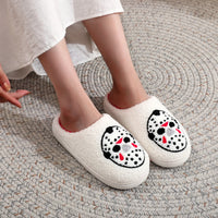 White Halloween Horror Mask Pattern Embroider Thick-Soled Comfortable Fur Slippers