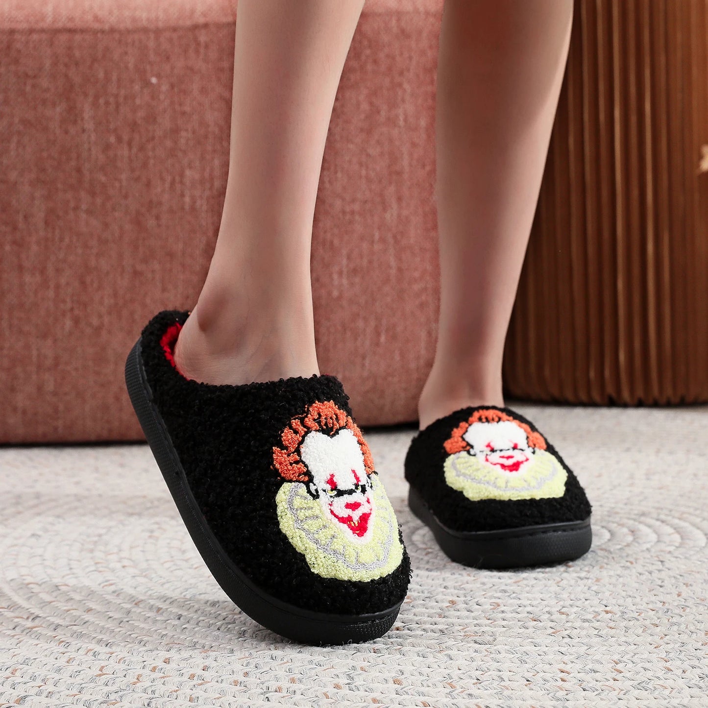 Black Halloween Horror Clown Pattern Embroidered Thick-Soled Comfortable Slippers