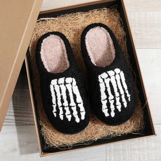 Skull Toe  Embroidery stuffed Home Platform Cozy Fur Cotton Slippers