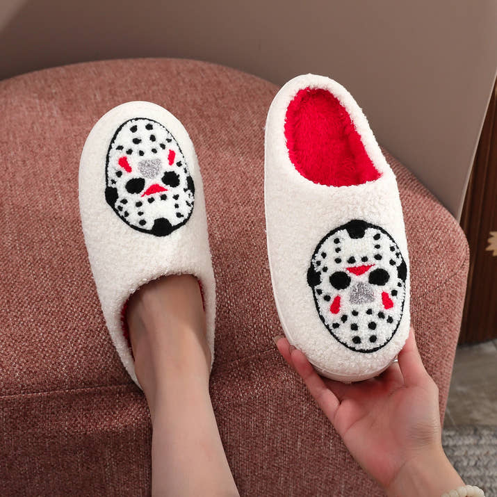 White Halloween Horror Mask Pattern Embroider Thick-Soled Comfortable Fur Slippers