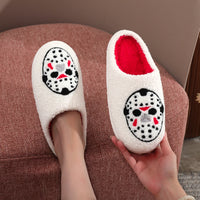 White Halloween Horror Mask Pattern Embroider Thick-Soled Comfortable Fur Slippers
