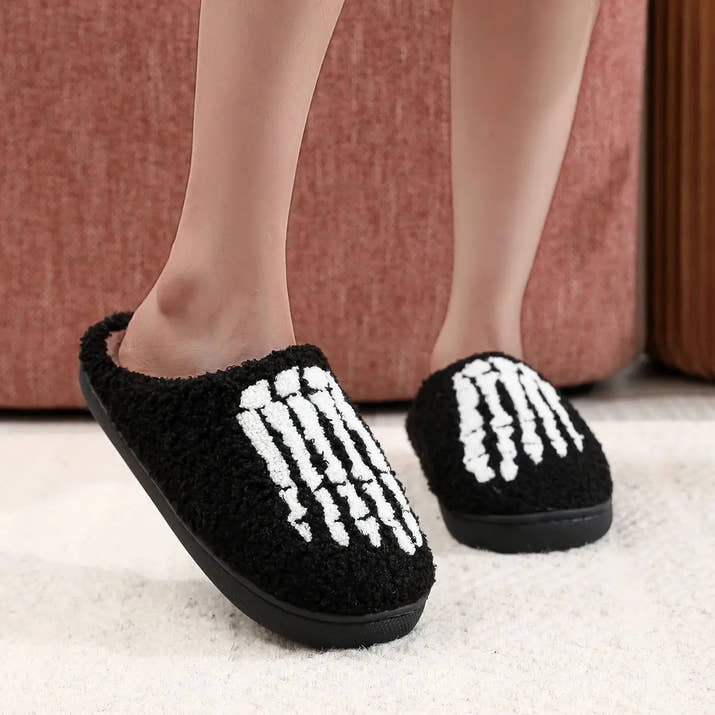 Skull Toe  Embroidery stuffed Home Platform Cozy Fur Cotton Slippers
