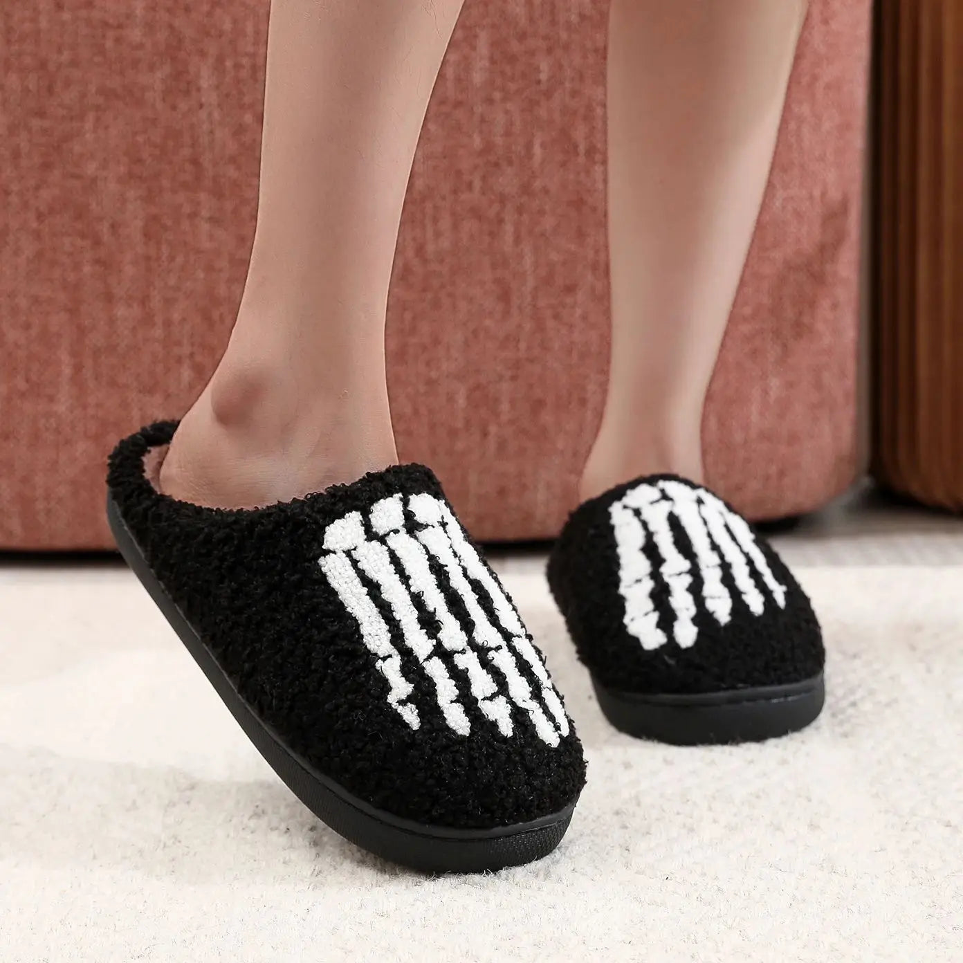 Skull Toe  Embroidery stuffed Home Platform Cozy Fur Cotton Slippers