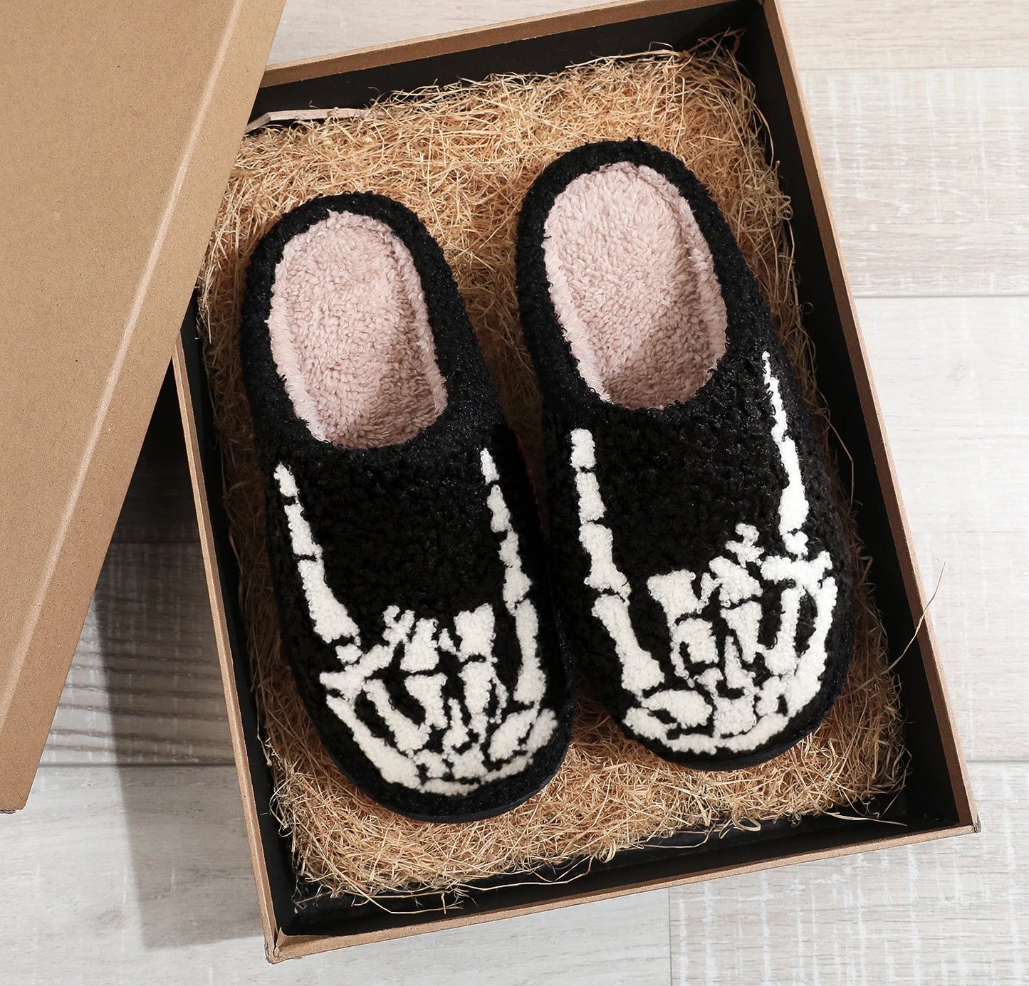 Skull Toe  Embroidery stuffed Home Platform Cozy Fur Cotton Slippers